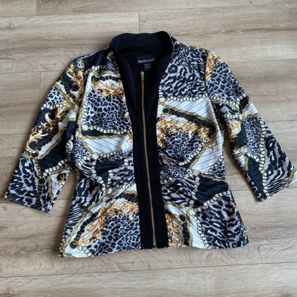 Frank Lyman zip-up sweater jacket animal print gold chains - Picture 2 of 7